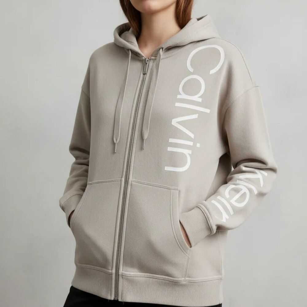 Calvin Klein Zip Up Hoodie Sweatshirt Womens L Gray Spellout Logo Full Zip